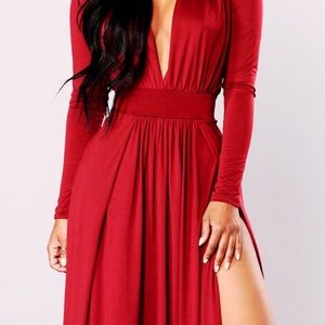Red Plunge Deep V Neck Thigh Slits Maxi Dress